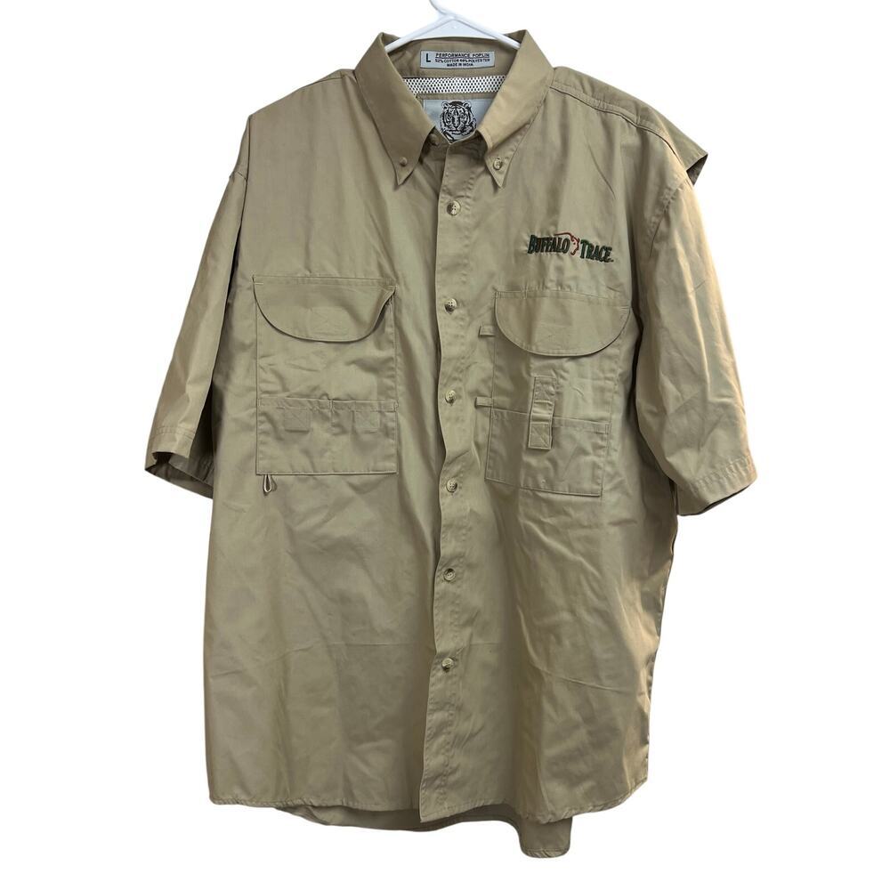 Tiger Hill Buffalo Trace Embroidered Short Sleeve Khaki Men's Shirt Large